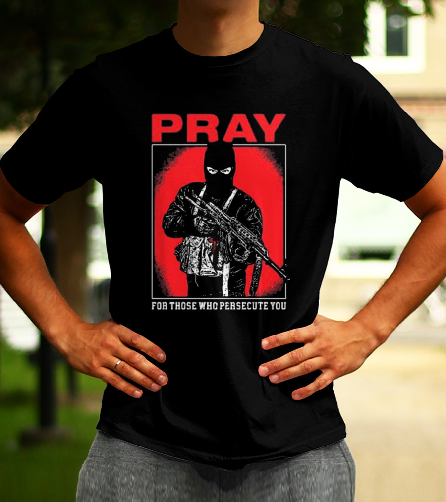 Ritualprintslc Shayne Smith Pray For Those Who Persecute You Masked Figure With Rifle In Red And Black T-Shirt