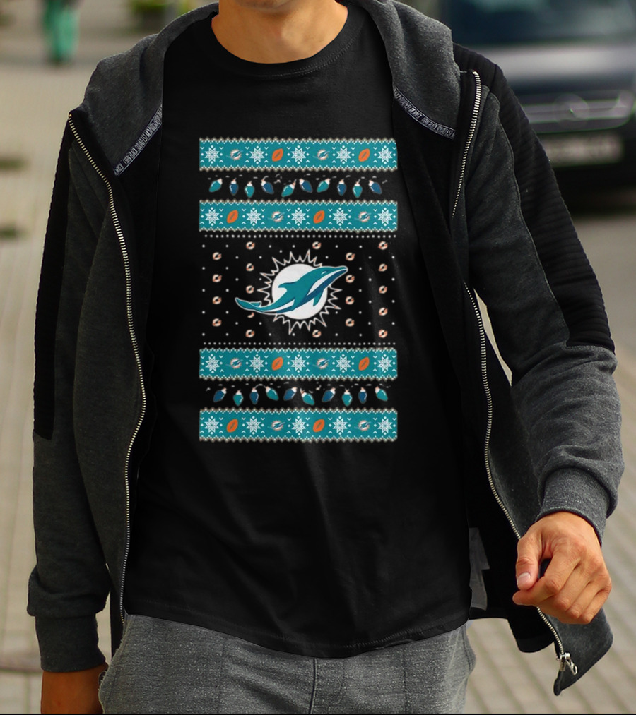 Miami Dolphins NFL Holiday Lights Ugly Sweater Christmas Football T-Shirt