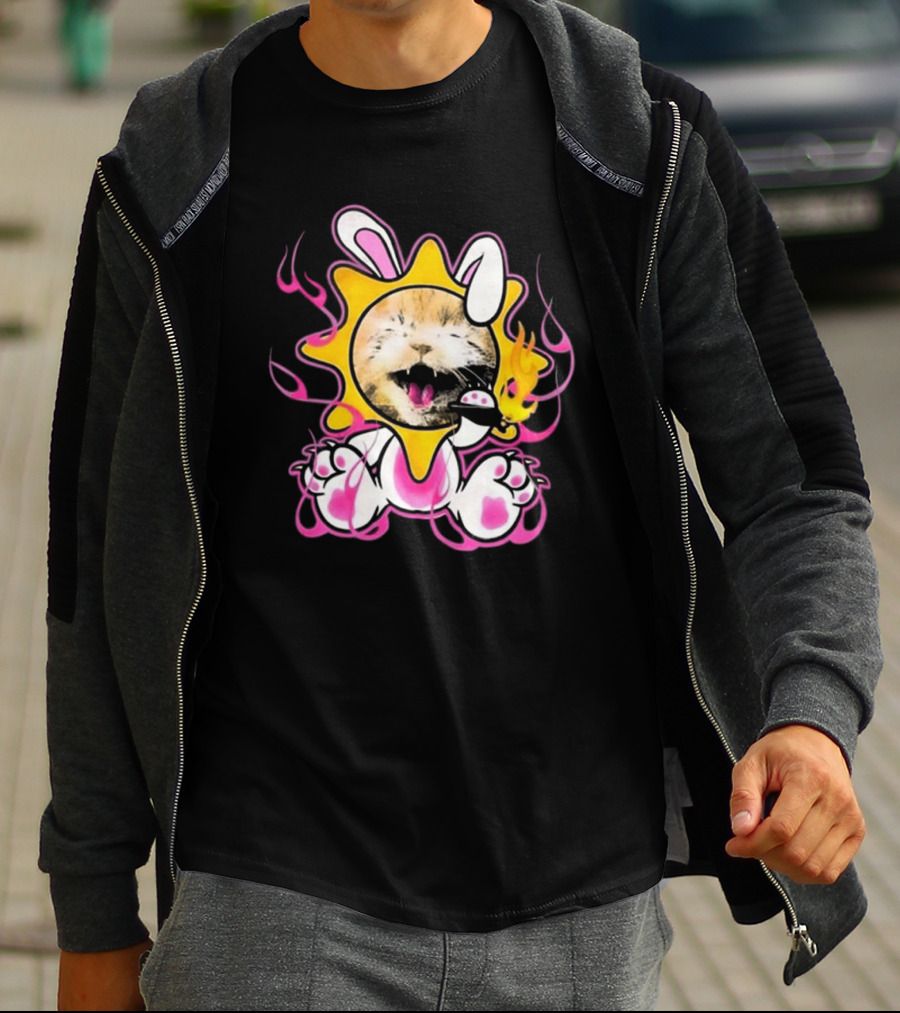Praiseche Cat Sunburst Bunny Ears Pink Flames T-Shirt