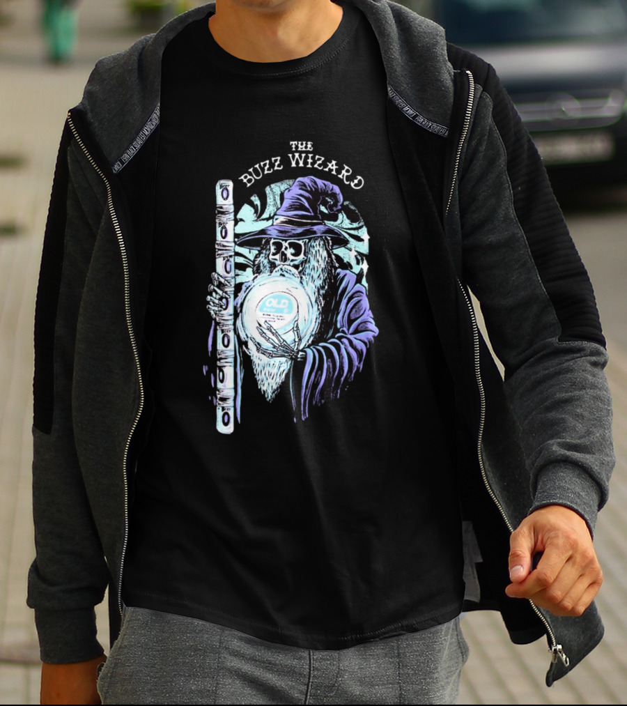 The Buzz Wizard Holding Old Row Branded Magic Orb And Staff T-Shirt