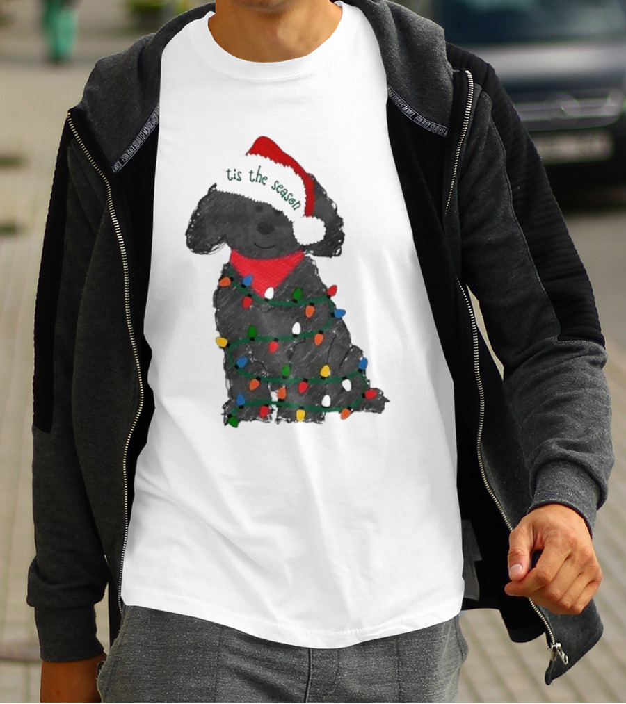 'Tis The Season Labradoodle Wrapped In Christmas Lights And Santa Hat T-Shirt