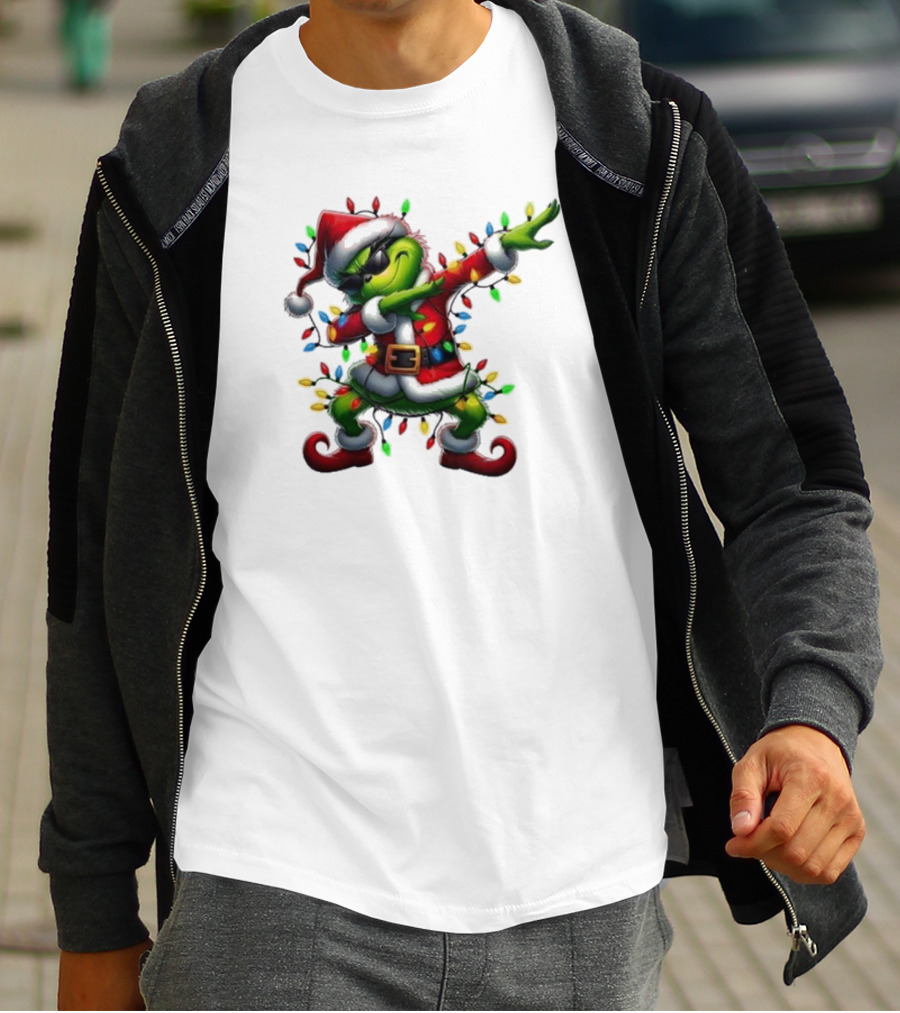 Santa Grinch Dabbing Festive Lights Merry Christmas T-Shirt