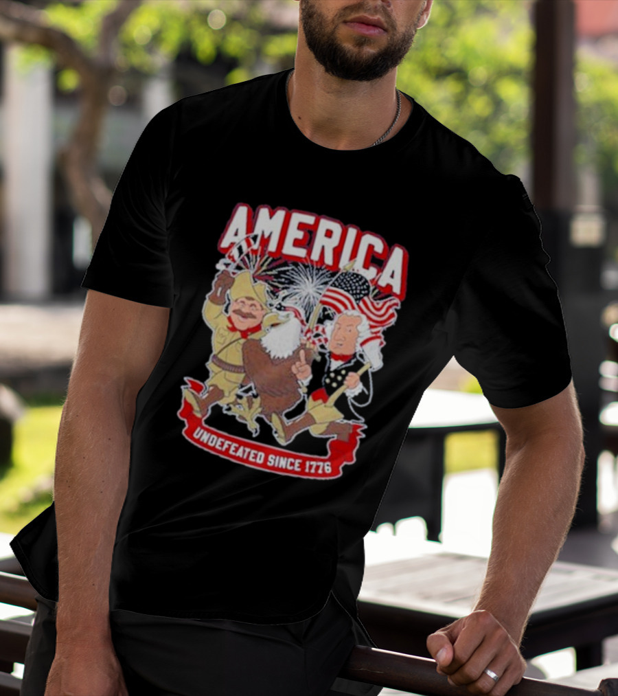 America Undefeated Since 1776 Patriotic Imagery With Eagle Fireworks Flags T-Shirt