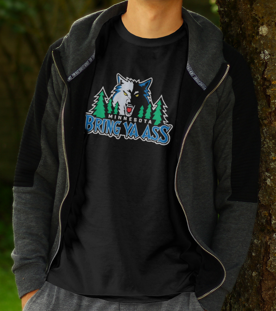 Minnesota Bring Ya Ass Wolf Logo With Trees T-Shirt