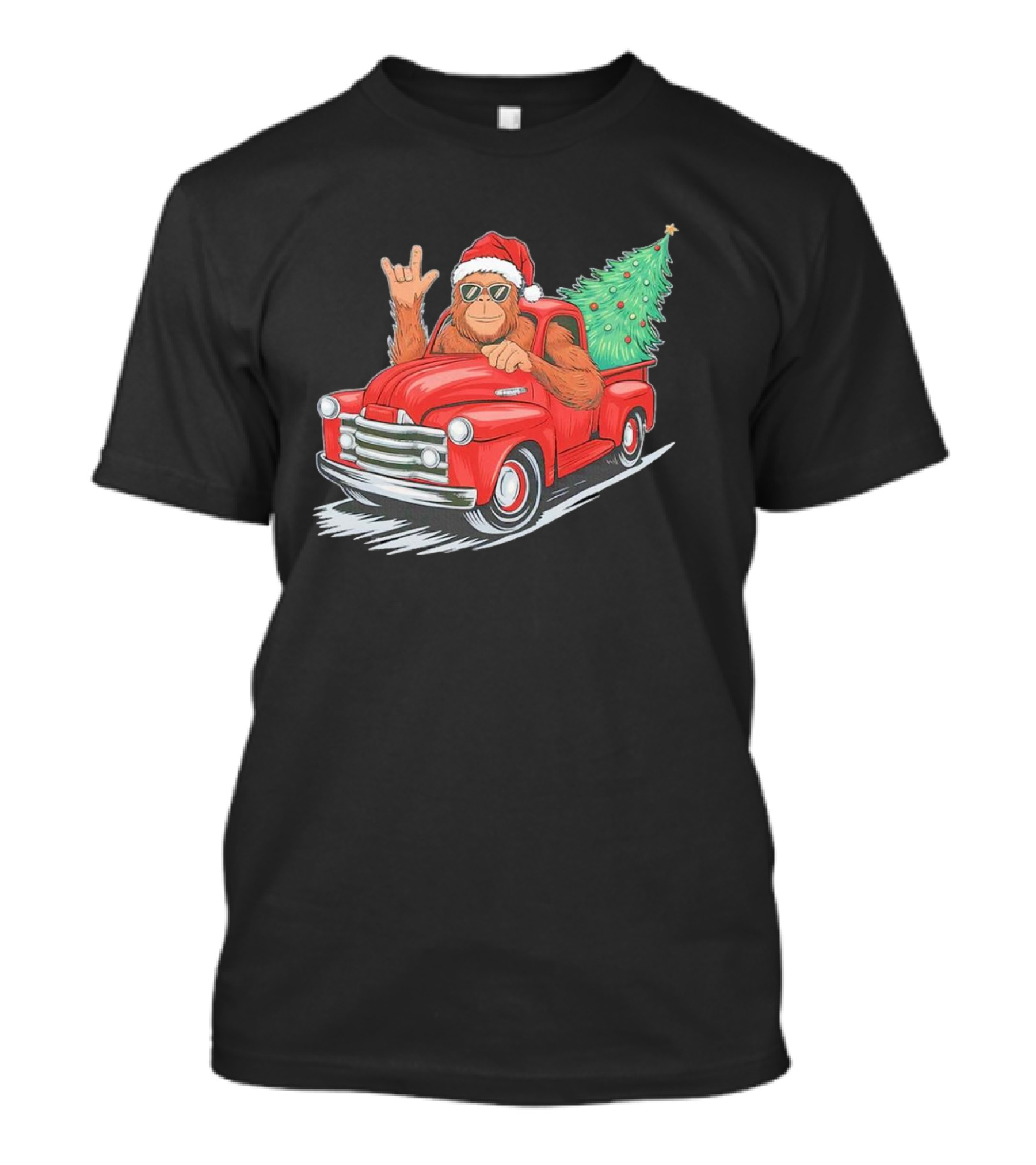 Bigfoot Rock On Santa Hat Christmas Tree Driving Red Truck T-Shirt