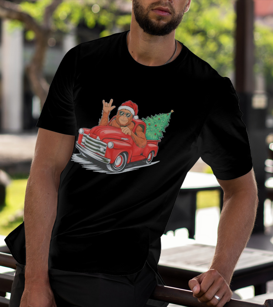 Bigfoot Rock On Santa Hat Christmas Tree Driving Red Truck T-Shirt