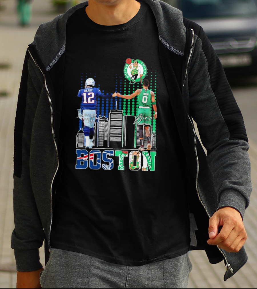 Boston Patriots And Celtics Skyline Featuring Tom Brady And Jayson Tatum Signatures T-Shirt