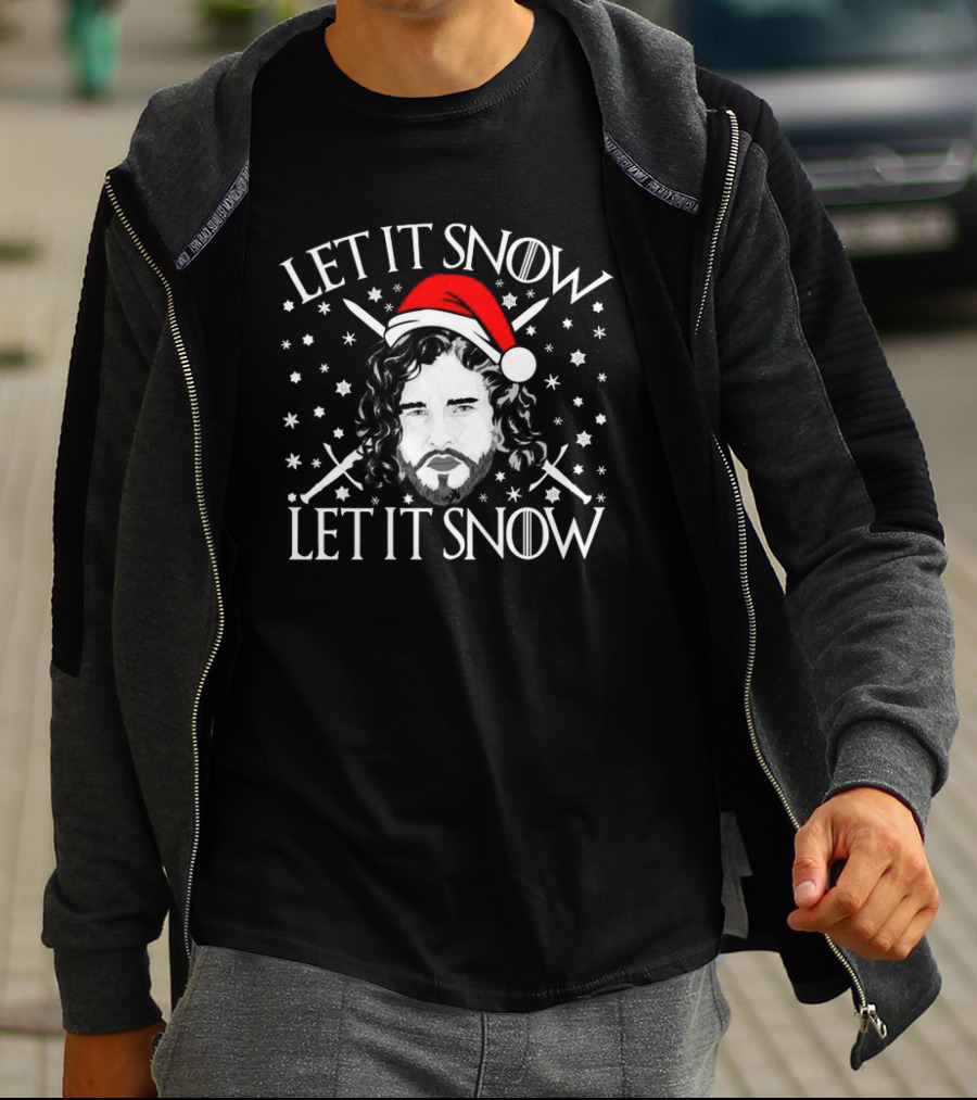 Let It Snow Let It Snow Christmas Jon Snow Santa Hat Snowflakes Swords T-Shirt