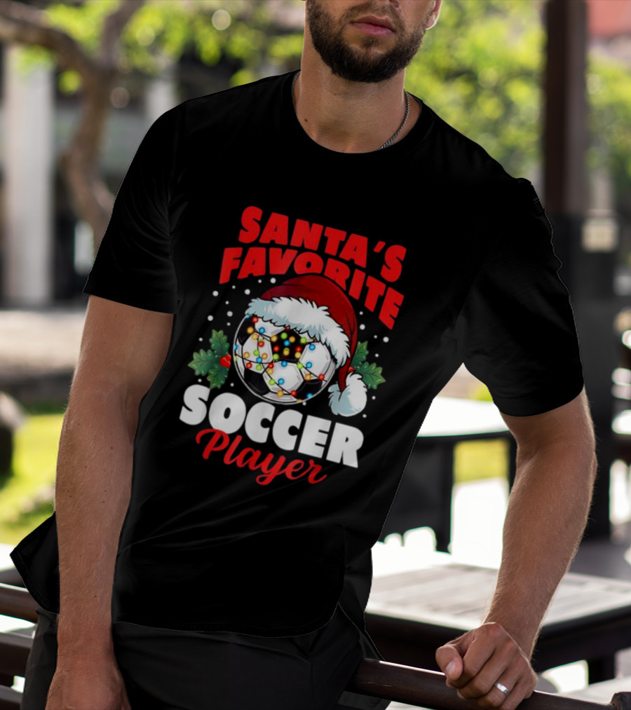 Santa's Favorite Soccer Player Christmas Pajama Xmas Soccer Ball And Santa Hat T-Shirt