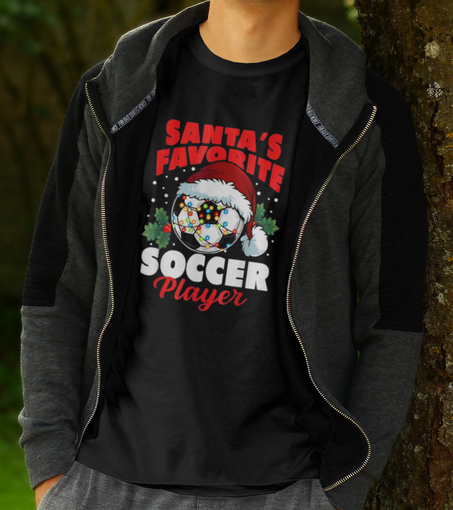 Santa's Favorite Soccer Player Christmas Pajama Xmas Soccer Ball And Santa Hat T-Shirt
