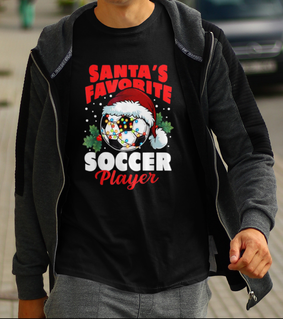 Santa's Favorite Soccer Player Christmas Pajama Xmas Soccer Ball And Santa Hat T-Shirt