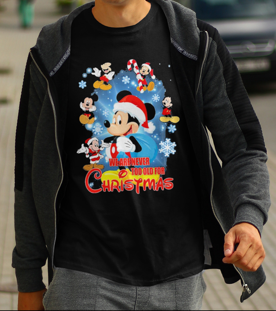 Mickey Mouse We Are Never Too Old For Christmas Santa Hat Snowflakes T-Shirt