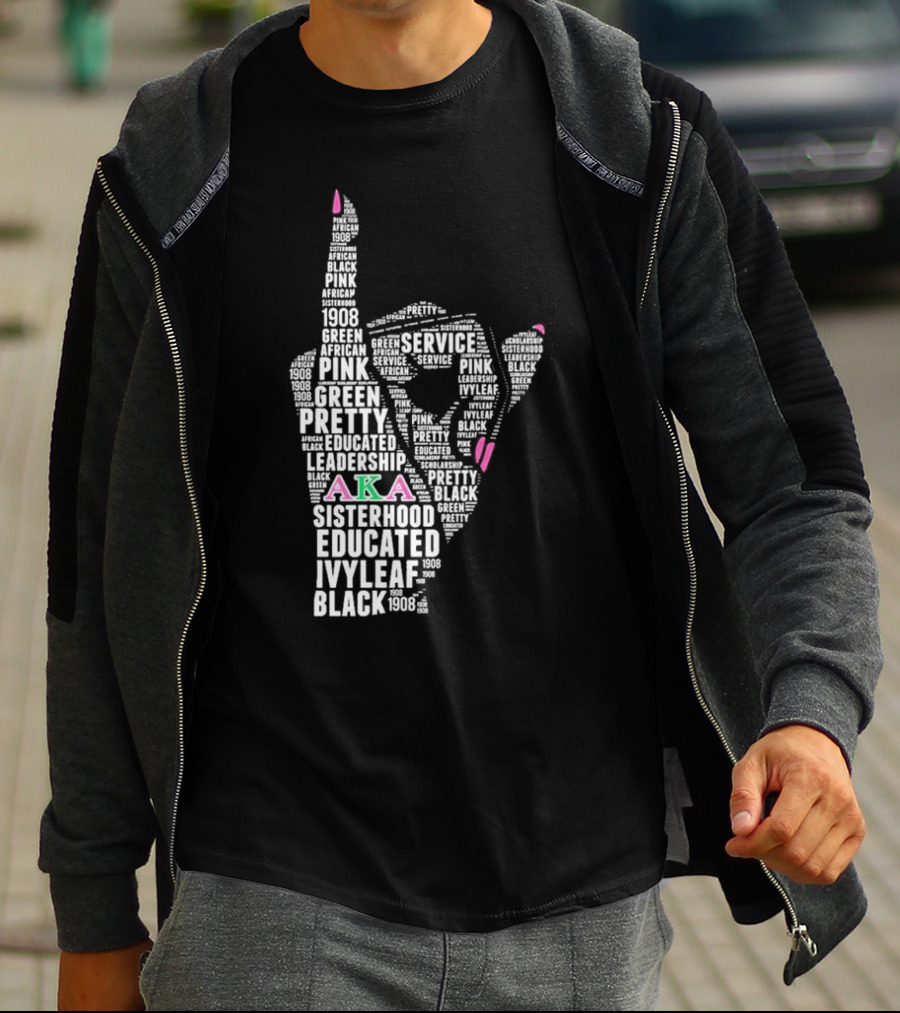 AKA 1908 Leadership Service Pink Green Educated Sisterhood Ivy Leaf Black T-Shirt