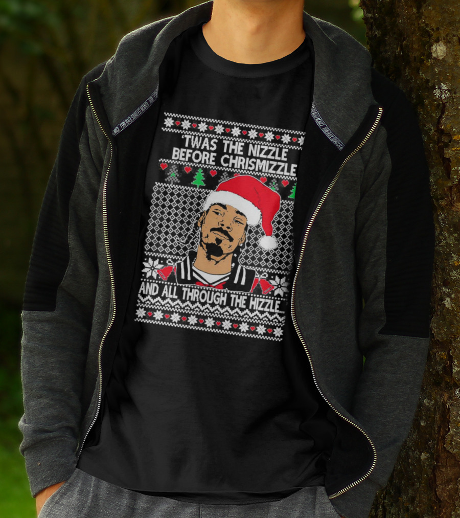 Snoop Dogg Twas The Nizzle Before Chrismizzle Santa Hat Pattern Christmas T-Shirt