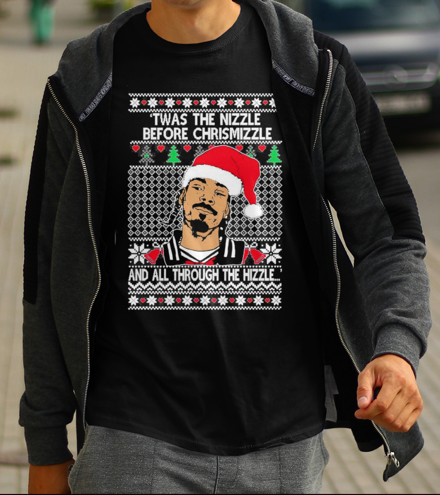 Snoop Dogg Twas The Nizzle Before Chrismizzle Santa Hat Pattern Christmas T-Shirt