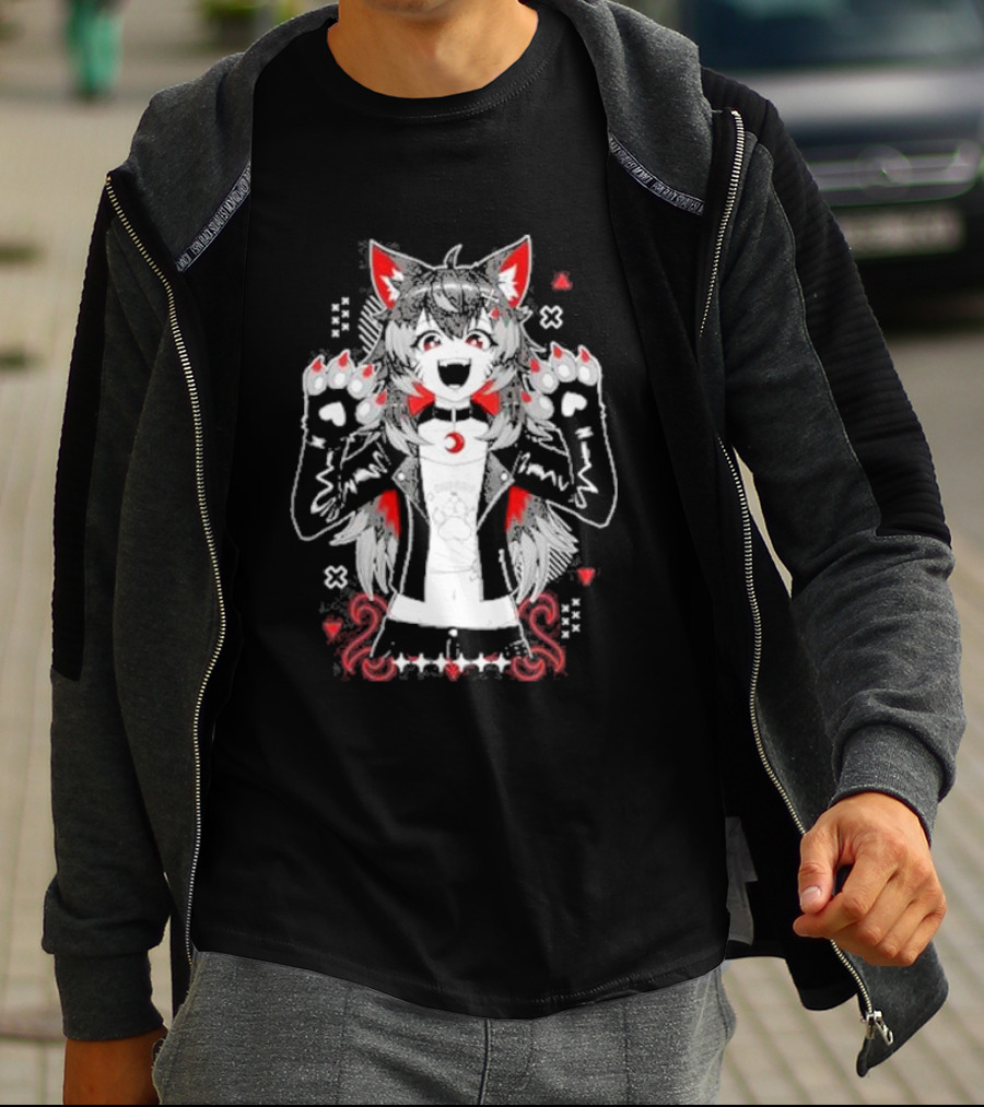 Kiba Nanobites Paws Up Anime Wolf Character With Red And White Details T-Shirt