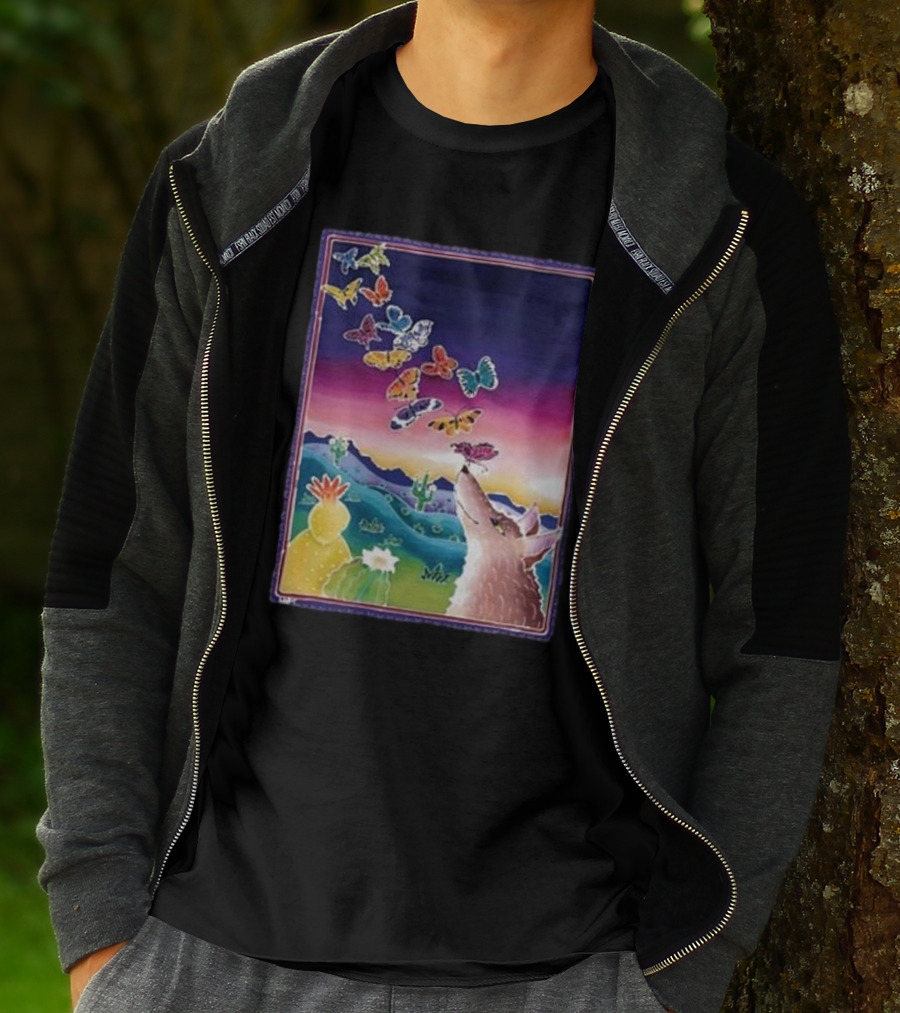 Jimmorris Smiles At Nature’s Wonders Colorful Desert Landscape With Coyote And Butterflies T-Shirt