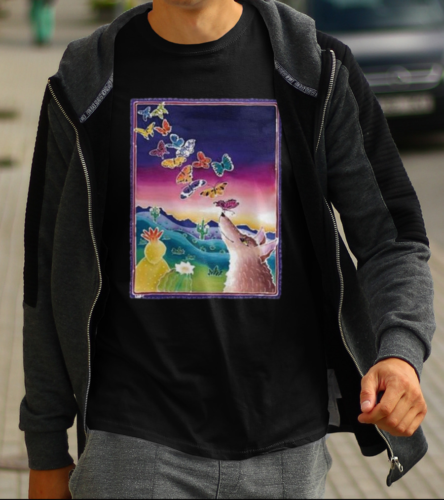 Jimmorris Smiles At Nature’s Wonders Colorful Desert Landscape With Coyote And Butterflies T-Shirt