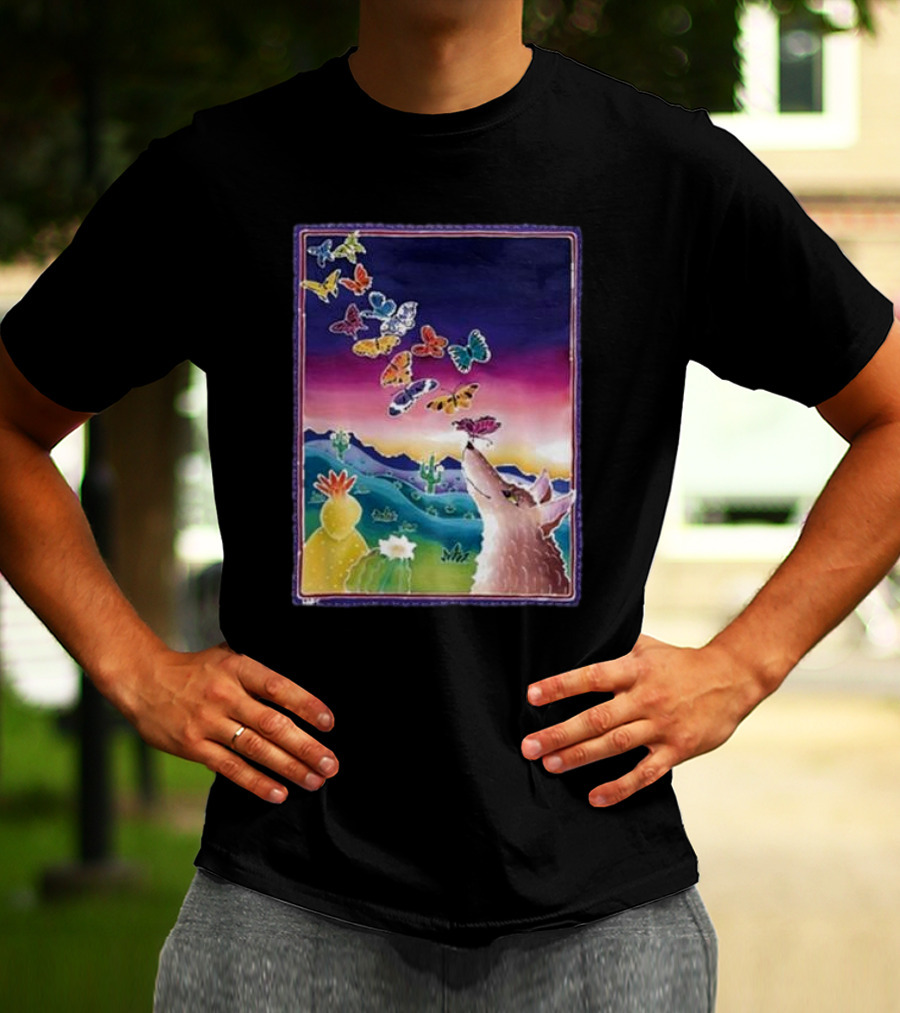 Jimmorris Smiles At Nature’s Wonders Colorful Desert Landscape With Coyote And Butterflies T-Shirt