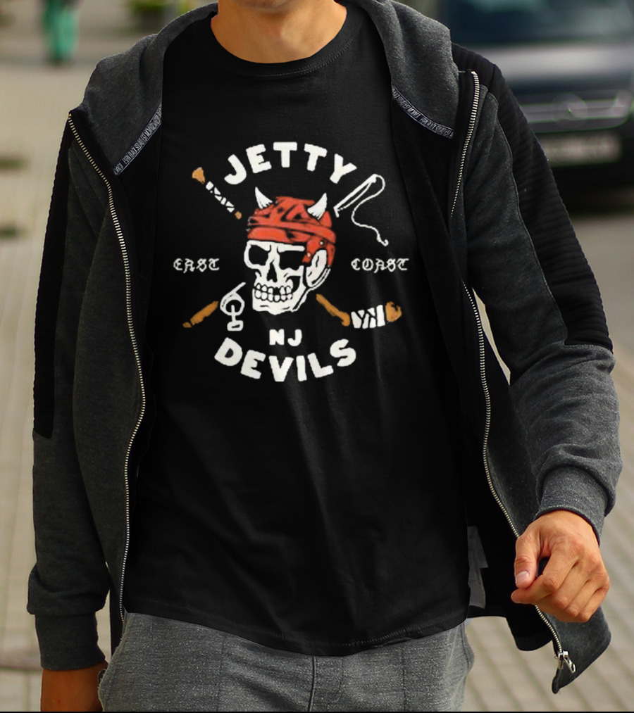 Jetty NJ Devils East Coast Skulls And Hockey Sticks T-Shirt