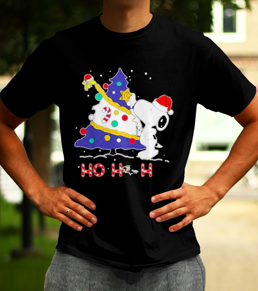 Ho Ho Ho Snoopy Woodstock Christmas Tree Baltimore Ravens T-Shirt