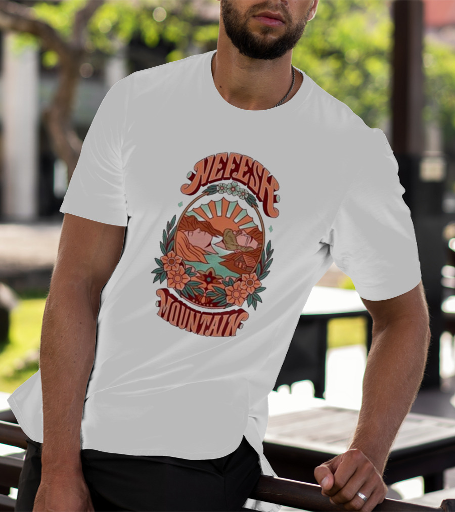 Nefesh Mountain Sunrise Scene With Cabin And Flowers T-Shirt