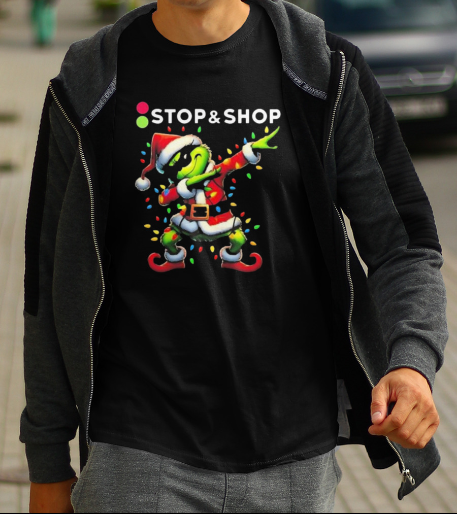 Stop And Shop Grinch Dabbing Santa Lights Merry Christmas T-Shirt