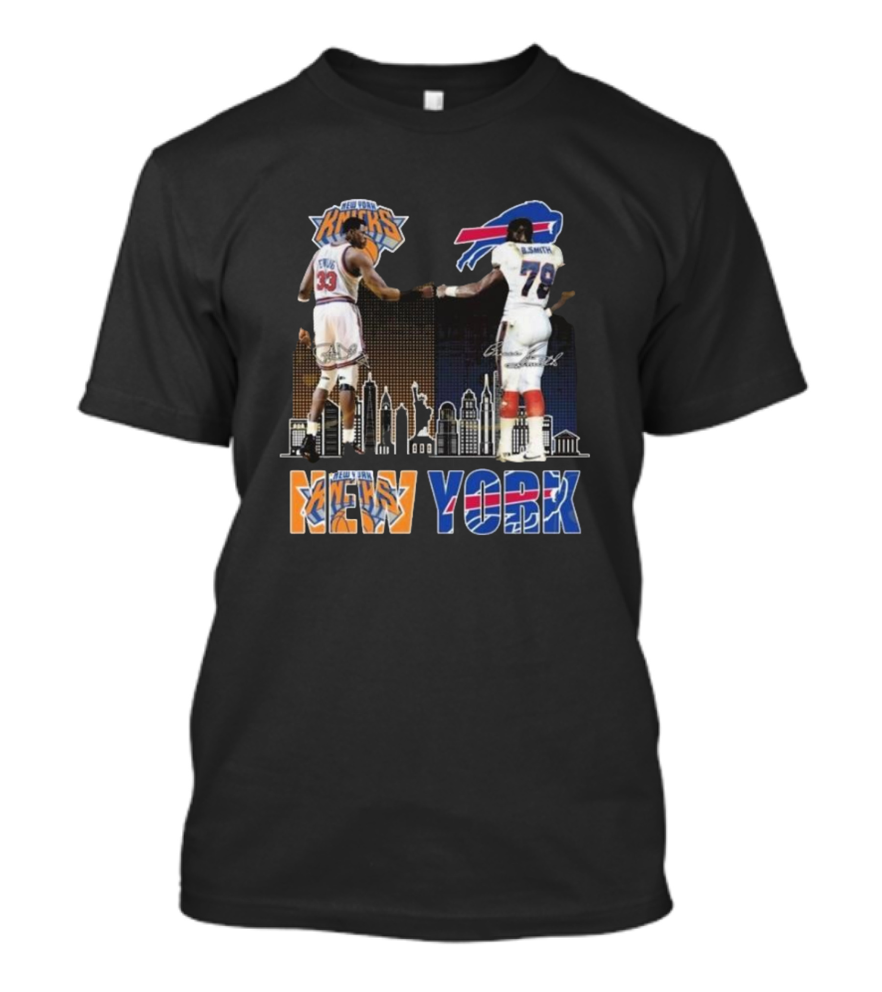 New York Knicks Buffalo Bills Cityscape Collaboration With Ewing And Smith Signatures T-Shirt