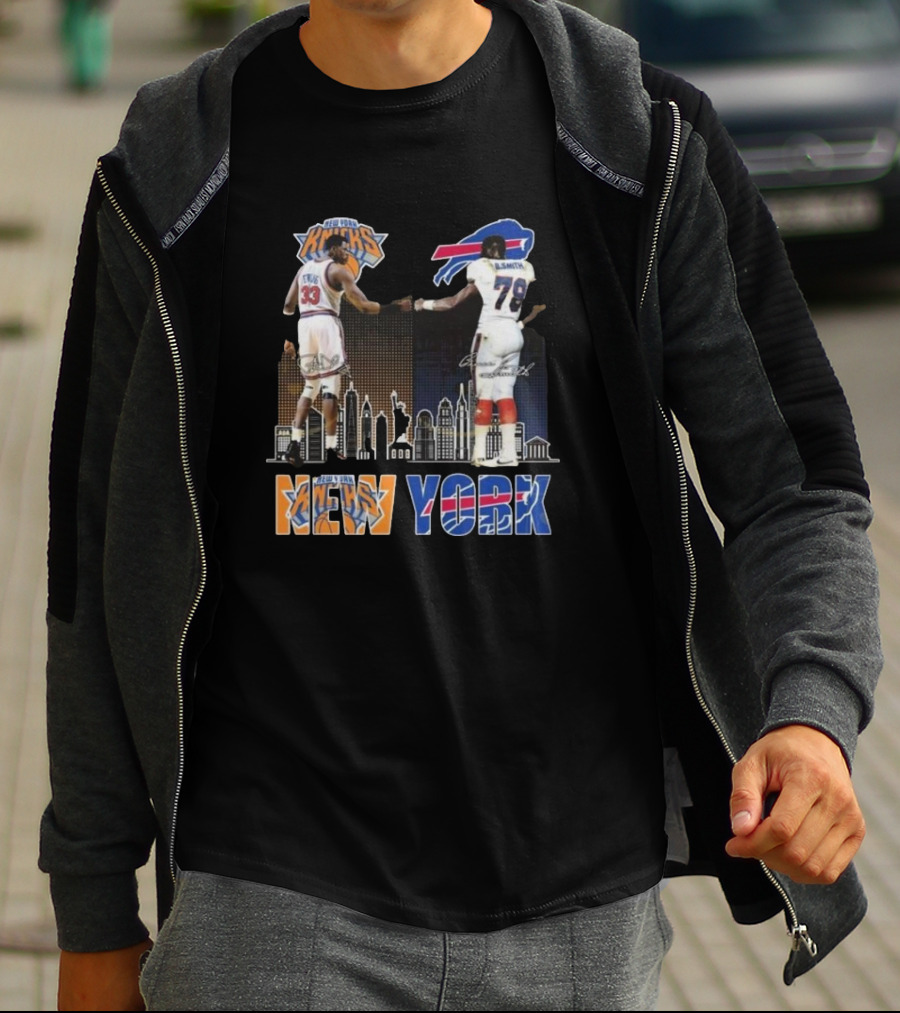 New York Knicks Buffalo Bills Cityscape Collaboration With Ewing And Smith Signatures T-Shirt
