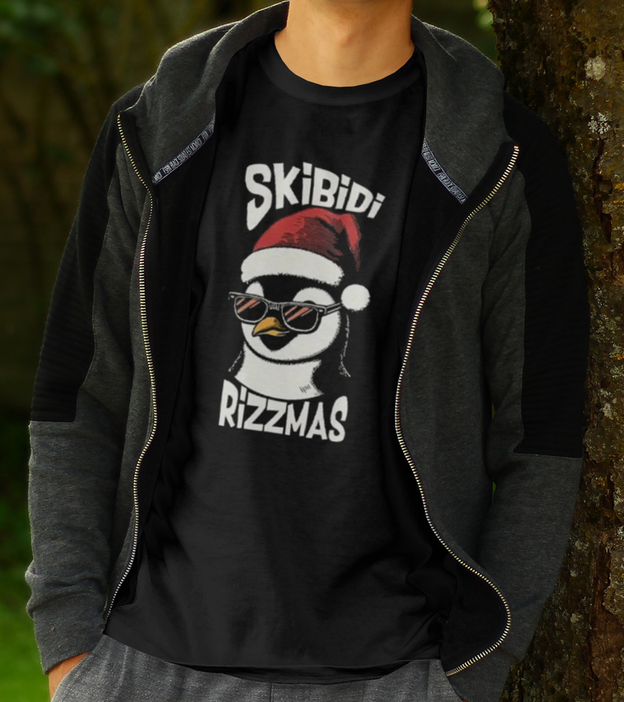 Skibidi Rizzmas Christmas Penguin With Santa Hat And Sunglasses T-Shirt