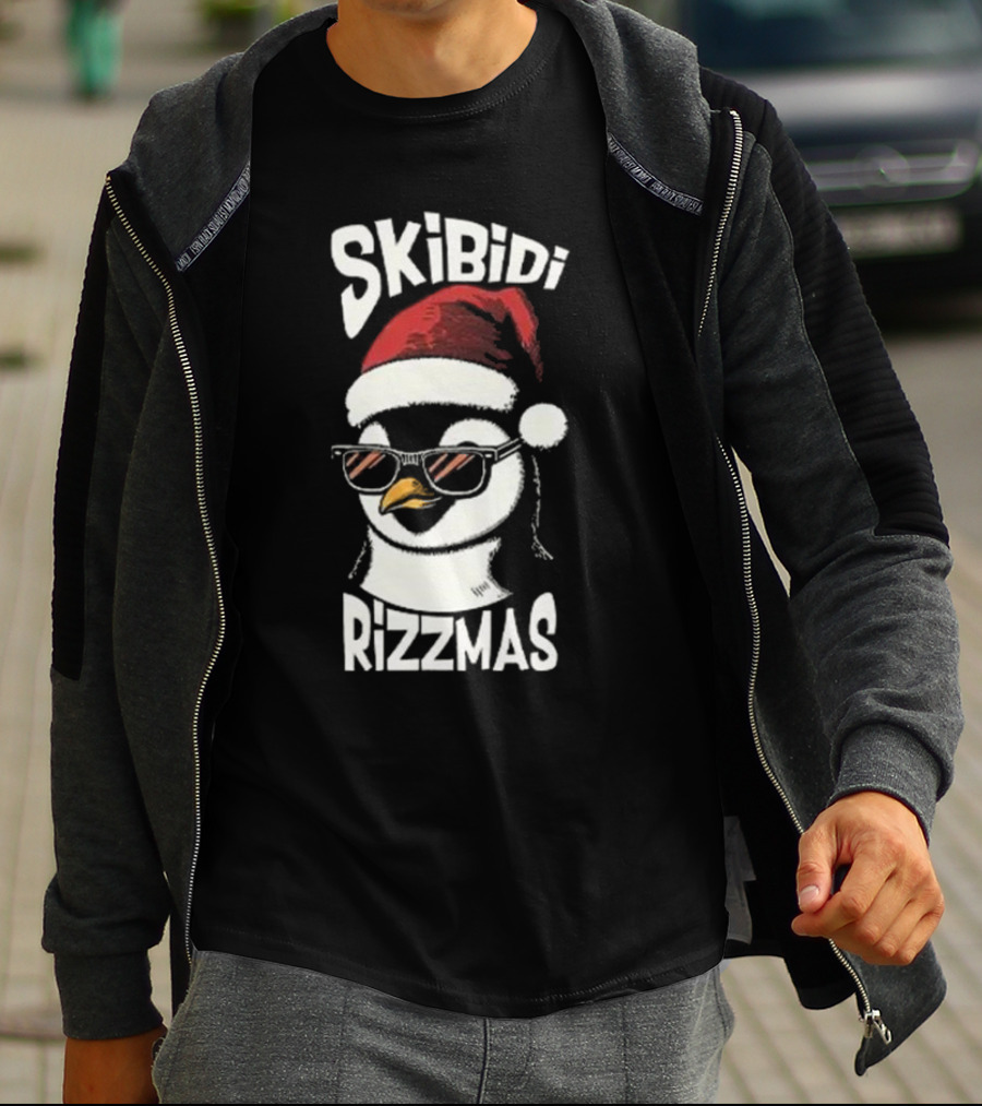 Skibidi Rizzmas Christmas Penguin With Santa Hat And Sunglasses T-Shirt