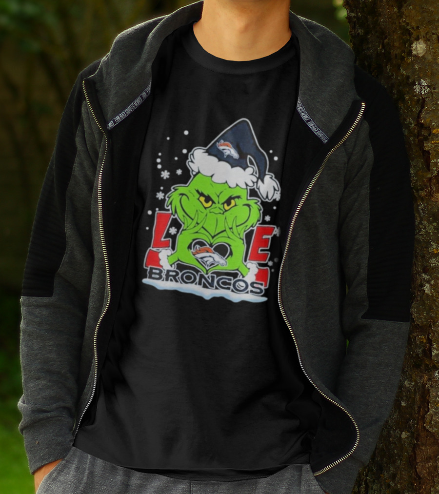 The Grinch Love Denver Broncos Christmas Football T-Shirt