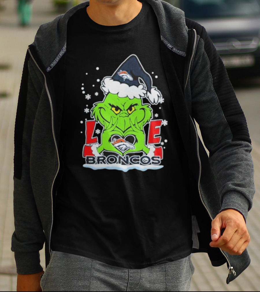 The Grinch Love Denver Broncos Christmas Football T-Shirt