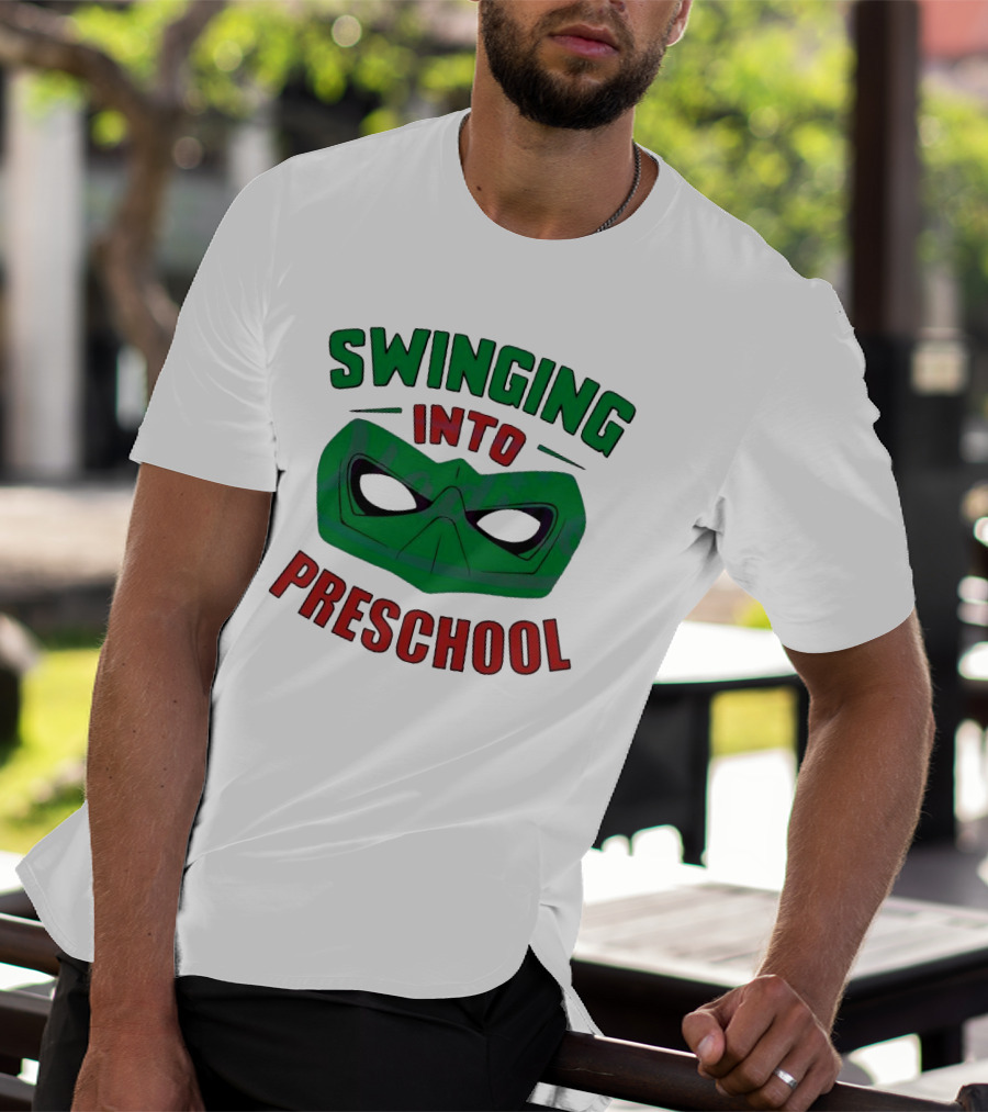 Swinging Into Preschool Green Superhero Mask T-Shirt