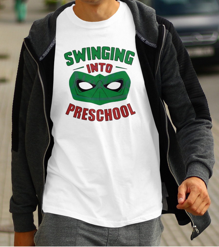 Swinging Into Preschool Green Superhero Mask T-Shirt