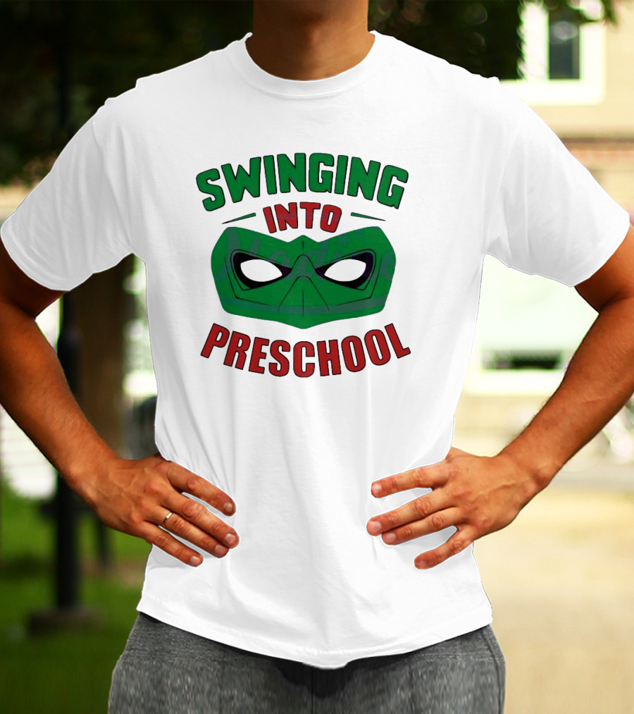 Swinging Into Preschool Green Superhero Mask T-Shirt