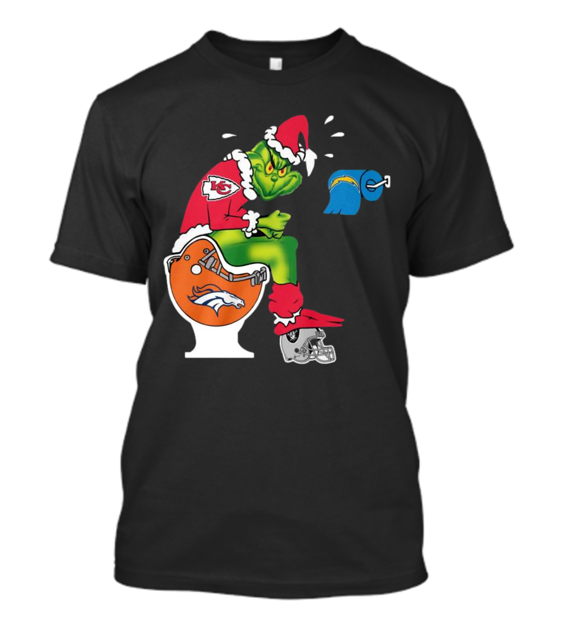 The Grinch On Toilet Kansas City Chiefs, Denver Broncos, Oakland Raiders, Chargers Christmas T-Shirt