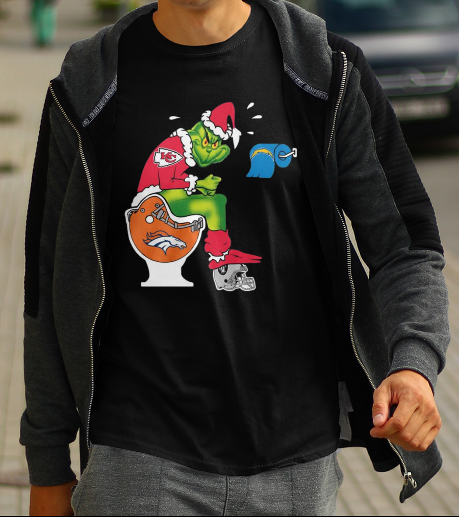 The Grinch On Toilet Kansas City Chiefs, Denver Broncos, Oakland Raiders, Chargers Christmas T-Shirt