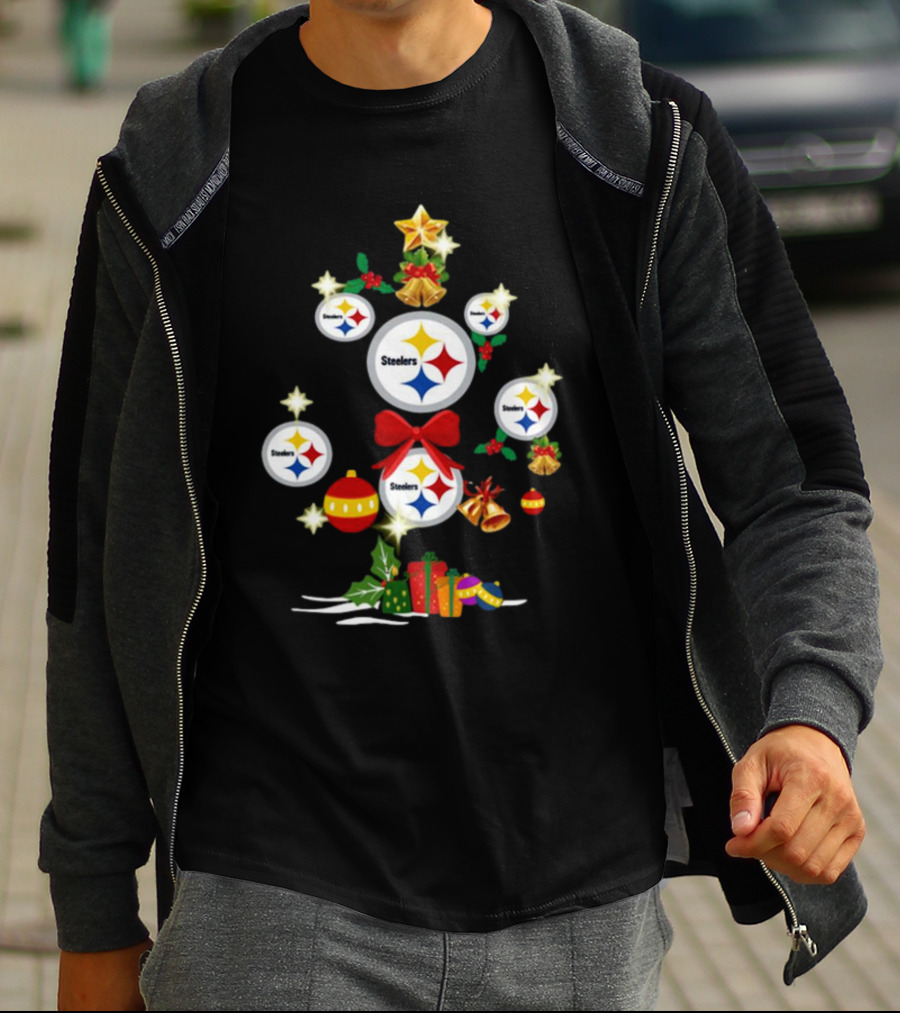 Pittsburgh Steelers Christmas Tree Ornaments With Presents And Stars T-Shirt