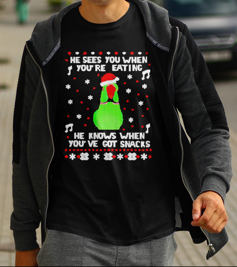 Parrot Ugly Christmas He Sees You When You’re Eating He Knows When You’ve Got Snacks T-Shirt