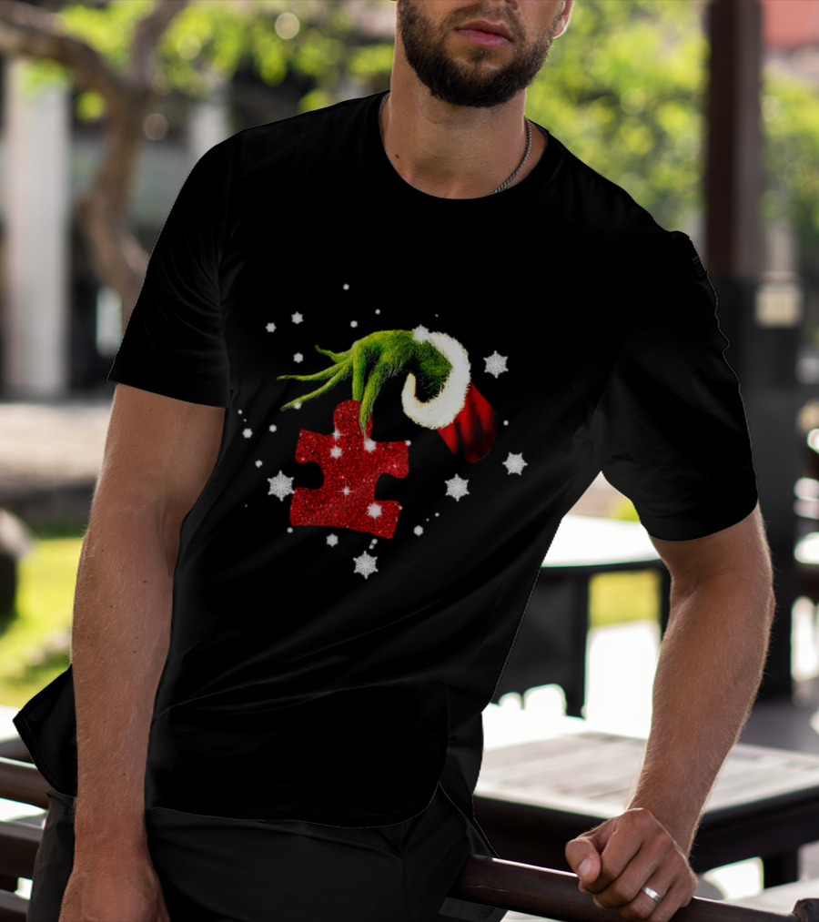 Grinch Hand Holding Red Glitter Puzzle Piece Autism Christmas Snowflakes T-Shirt