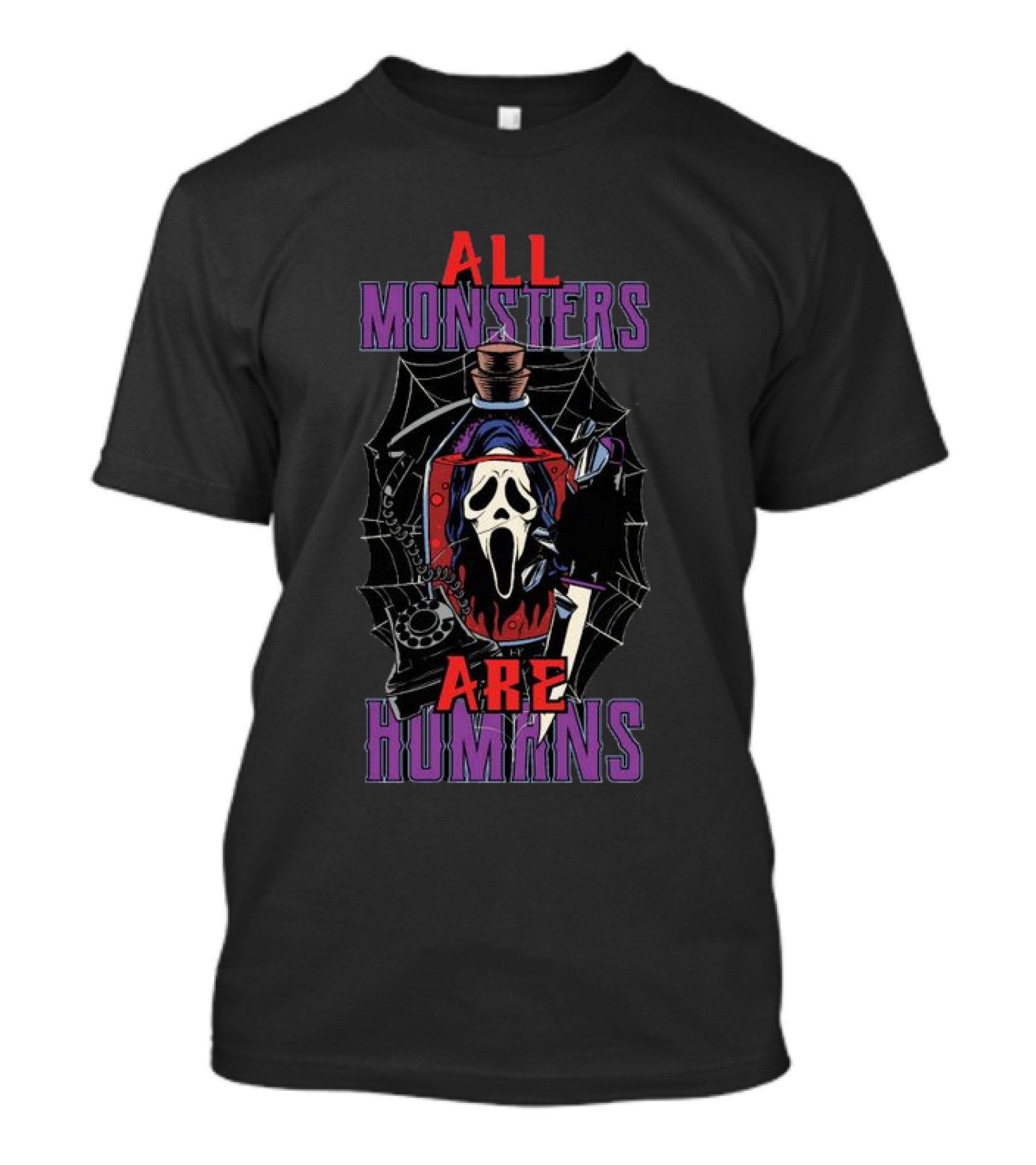 All Monsters Are Human Ghostface Spider Web And Knife T-Shirt