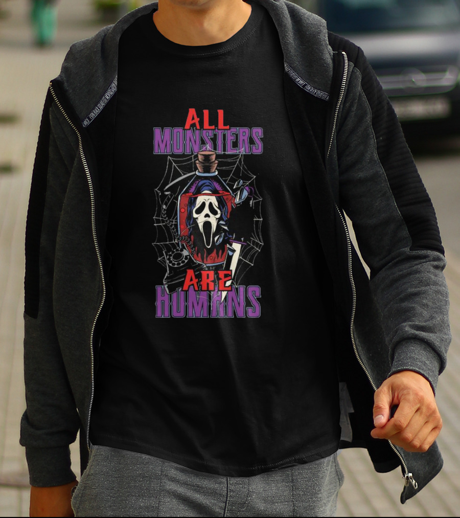 All Monsters Are Human Ghostface Spider Web And Knife T-Shirt