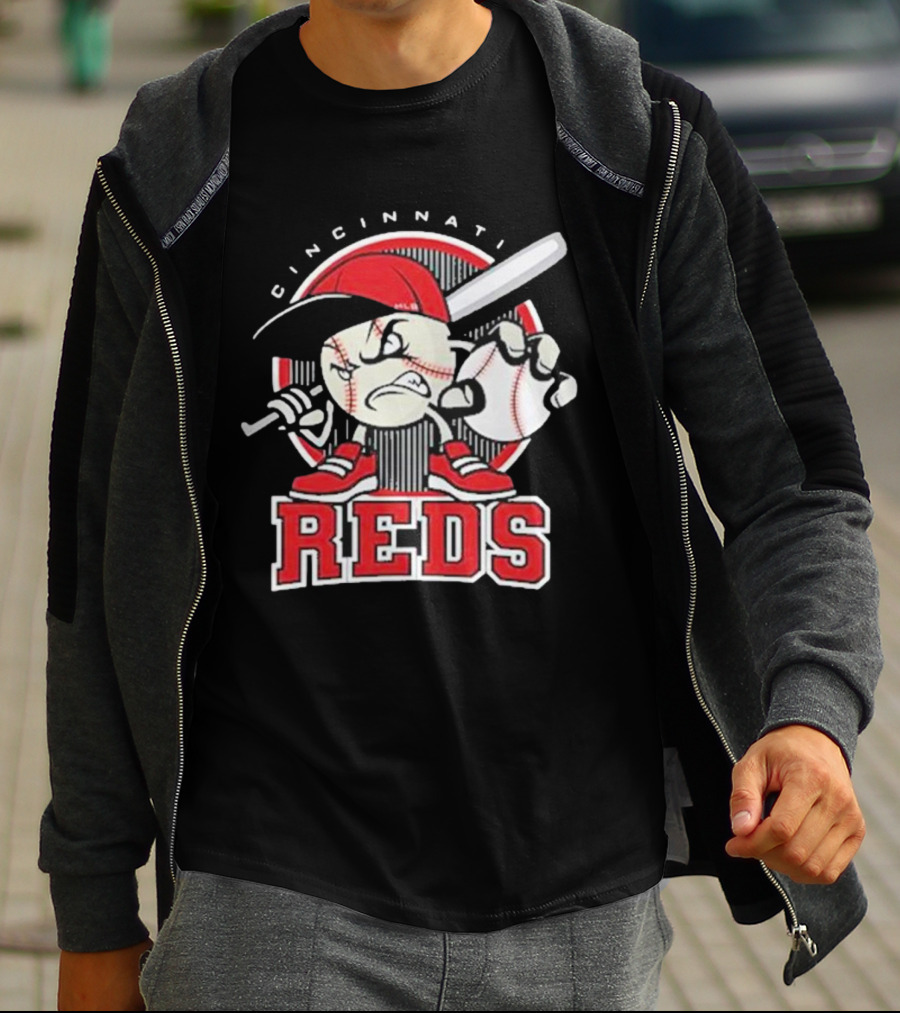 Cincinnati Reds Retro Baseball Character With Cap And Bat T-Shirt