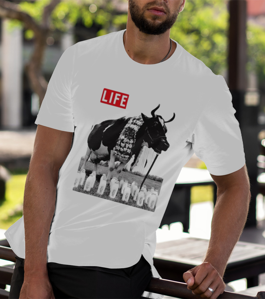 Life Magazine Cow With Milk Bottles And Floral Garland T-Shirt
