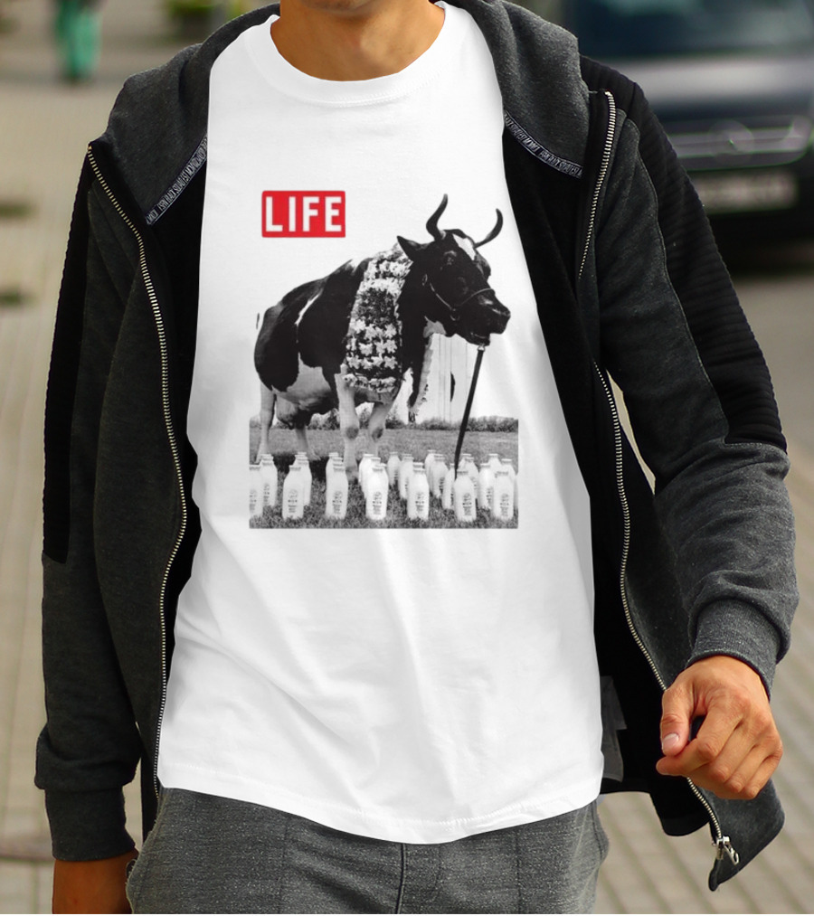Life Magazine Cow With Milk Bottles And Floral Garland T-Shirt