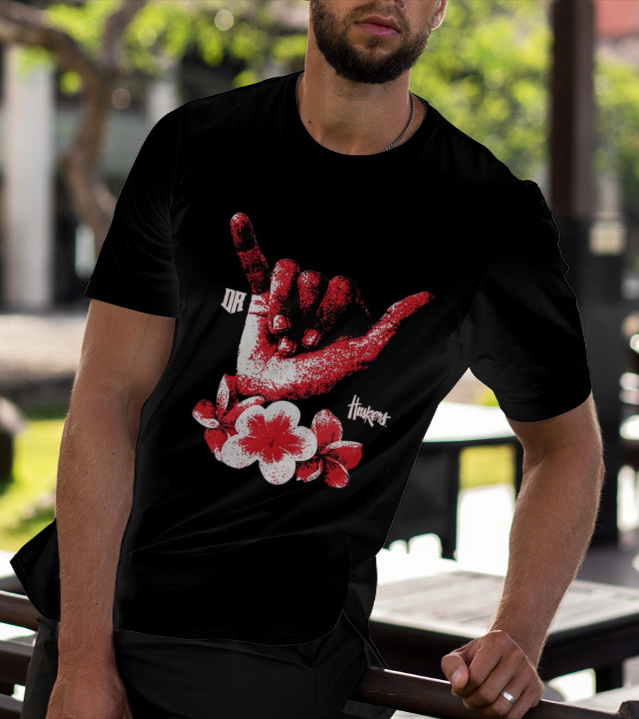 DR Huskers Shaka Hand Red And White Flowers T-Shirt