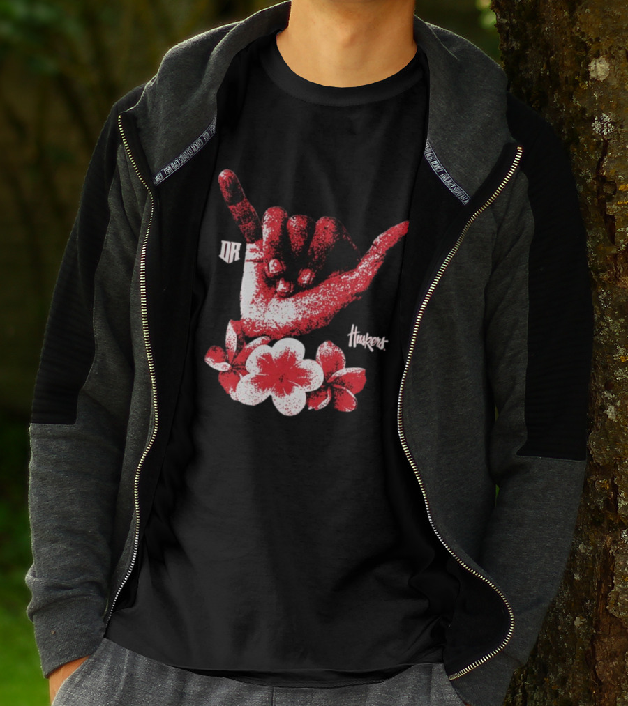 DR Huskers Shaka Hand Red And White Flowers T-Shirt