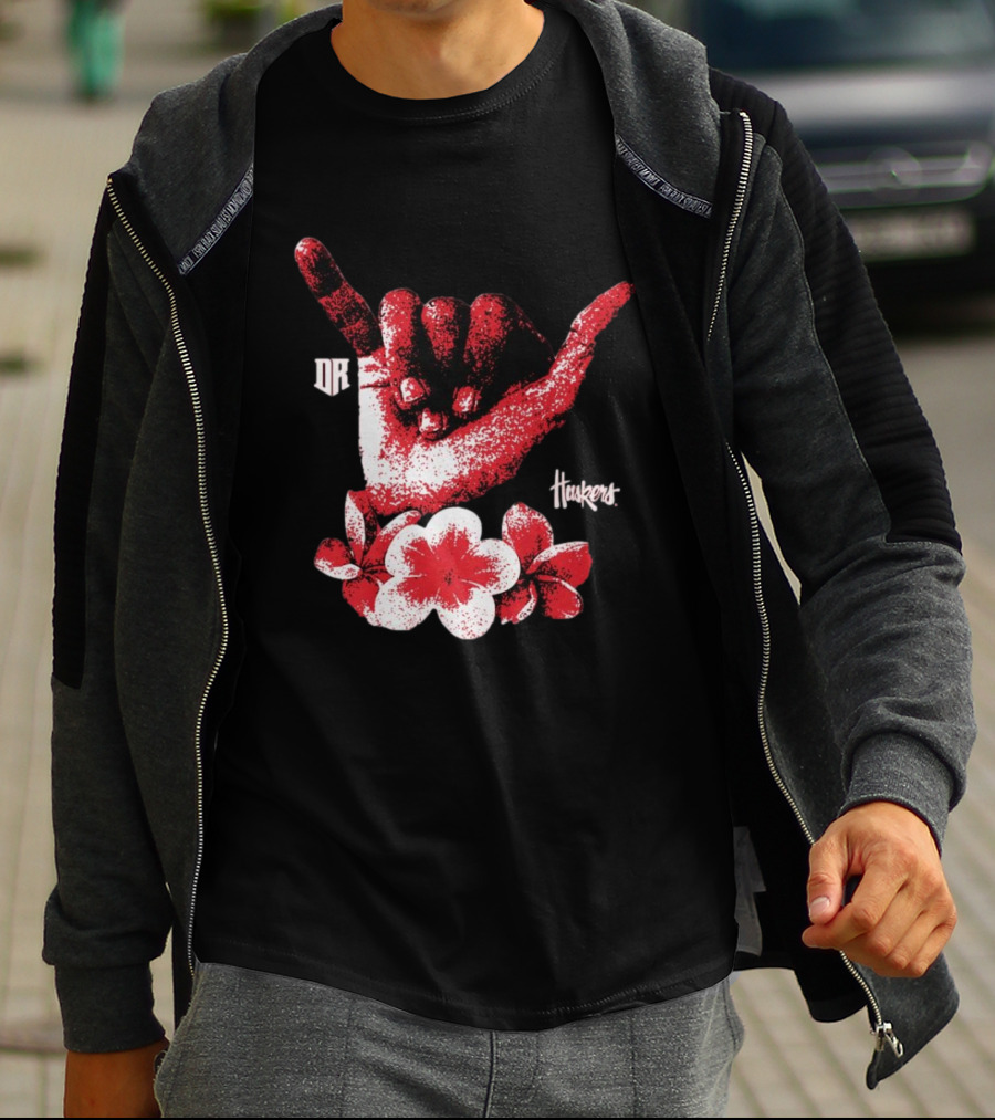 DR Huskers Shaka Hand Red And White Flowers T-Shirt