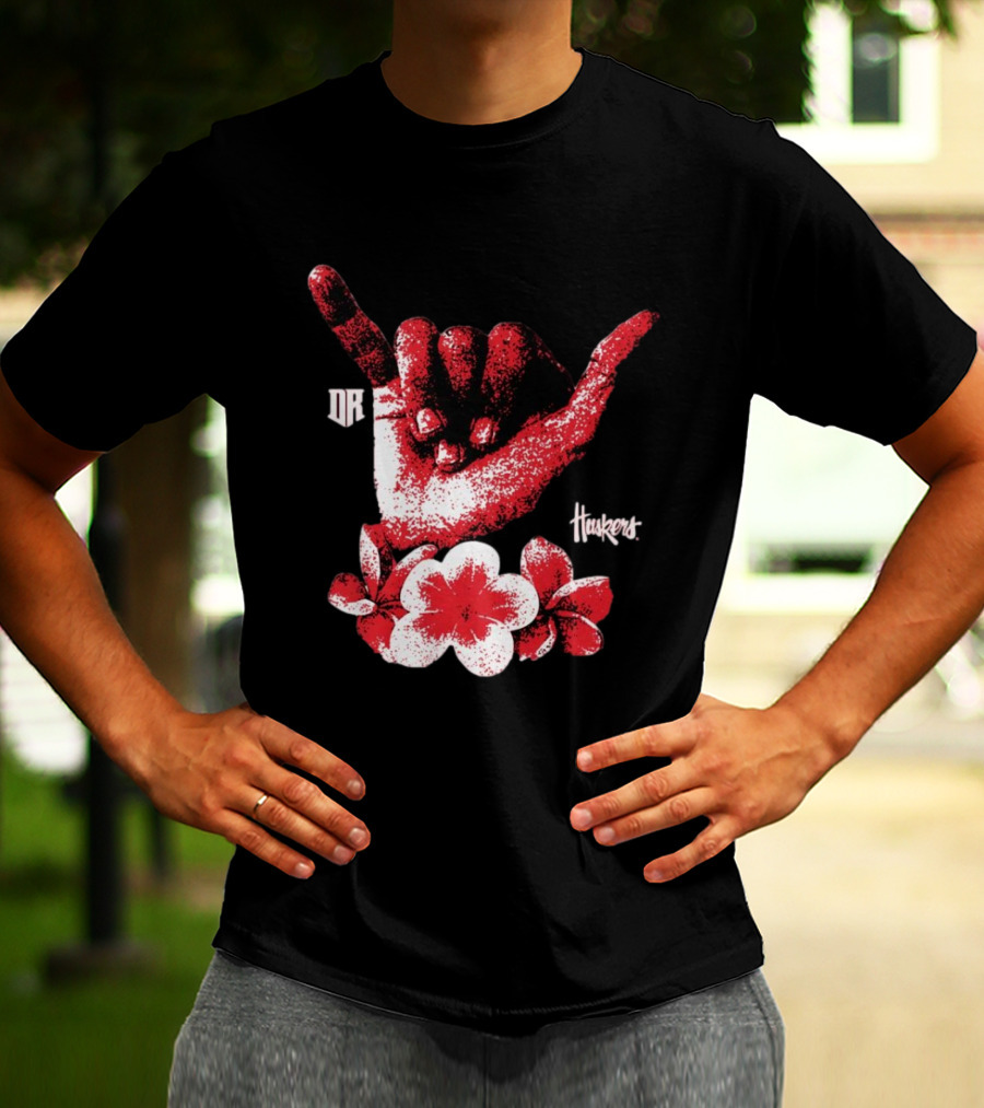 DR Huskers Shaka Hand Red And White Flowers T-Shirt